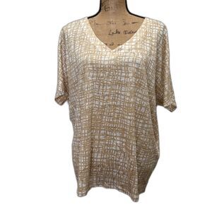 Chico's Abstract Print Linen‎ V-Neck Tee Short Sleeve Tan Lagenlook Size XL 3